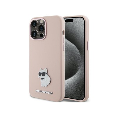 Husa iPhone 15 Pro, Karl Lagerfgeld Originala, Silicon Choupette Metal, Roz